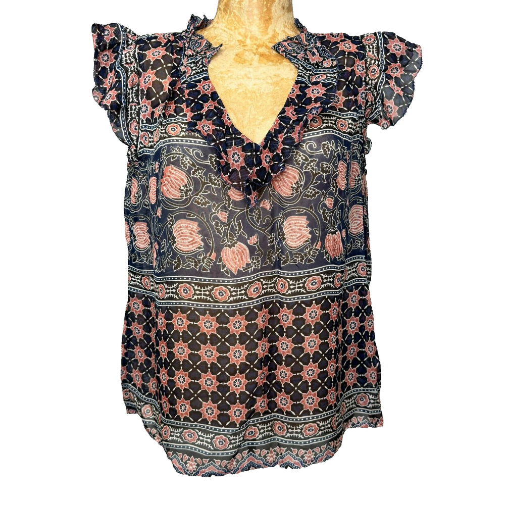 Velvet by Graham & Spencer Top Womens S Blue Black Red Semi Sheer Boho V Neck